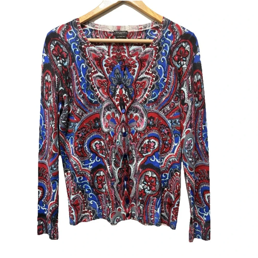 Talbots Petite Merino Wool Paisley Cardigan Sweater MP Boho Colorful